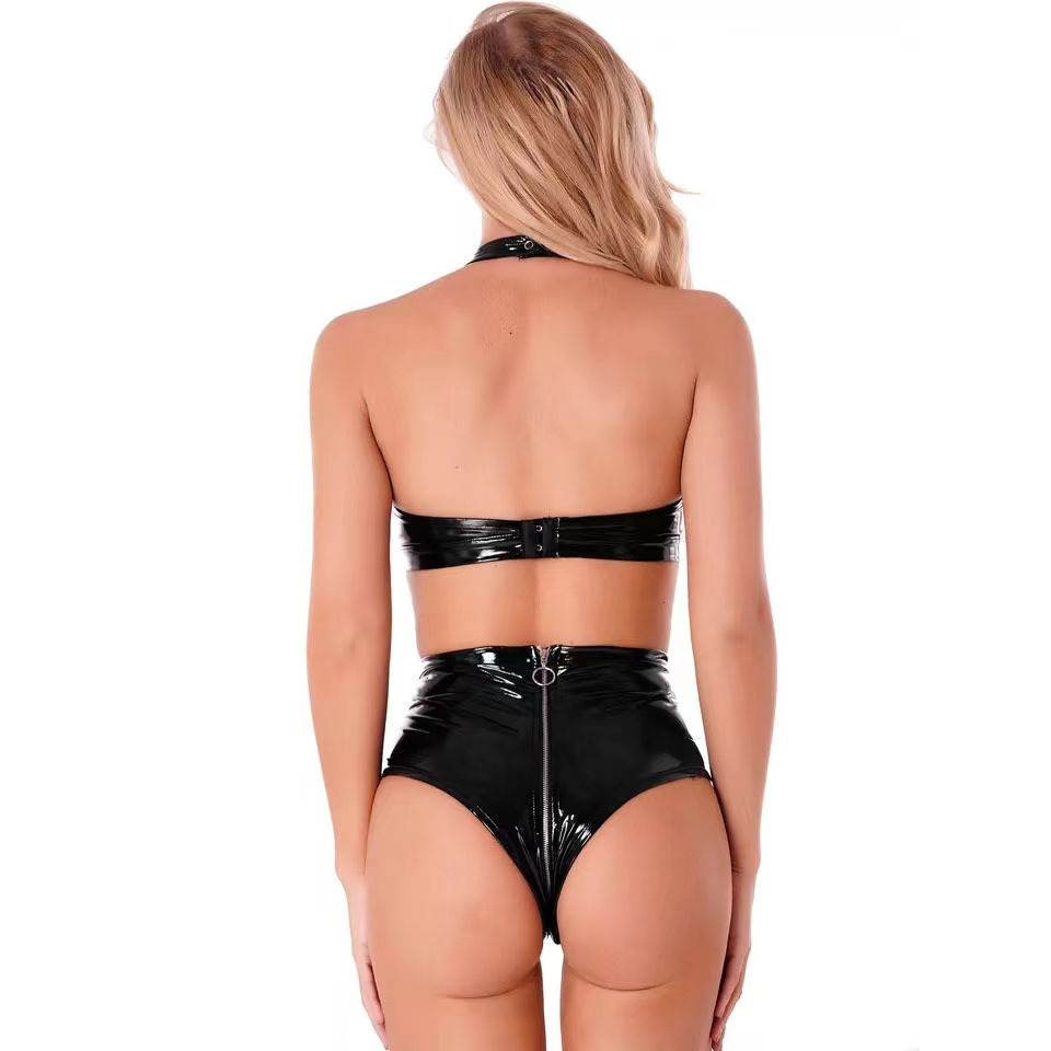 섹시한 검은 반짝 이는 Pu 라텍스 가죽 란제리 세트  - Minimizer Bra Women 리뷰 및 가격
